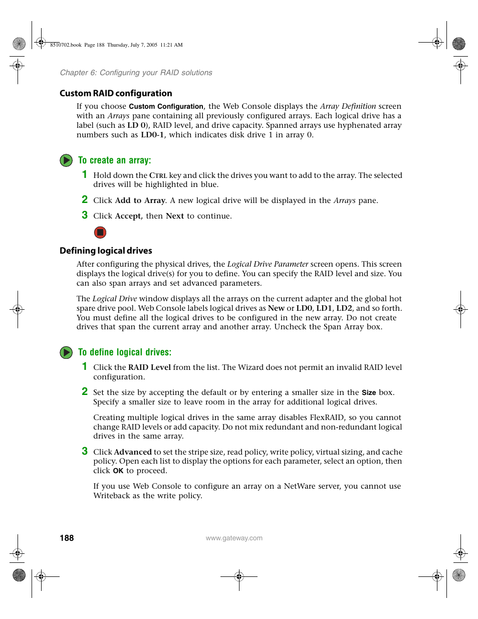 Custom raid configuration, Defining logical drives | Gateway 9715 User Manual | Page 193 / 278