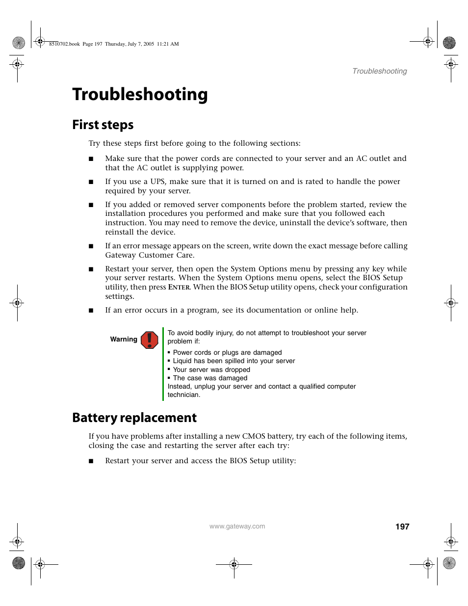 Troubleshooting, First steps, Battery replacement | First steps battery replacement | Gateway 9715 User Manual | Page 202 / 278