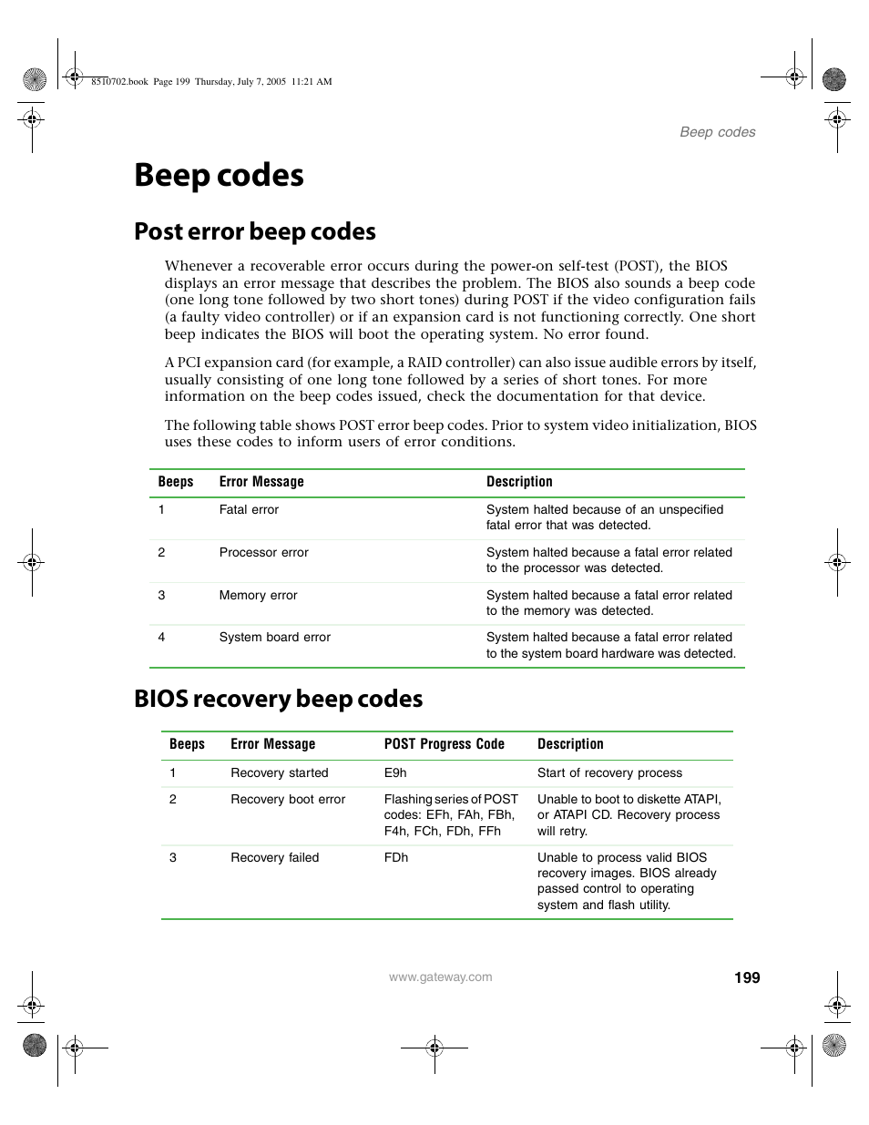 Beep codes, Post error beep codes, Bios recovery beep codes | Post error beep codes bios recovery beep codes | Gateway 9715 User Manual | Page 204 / 278