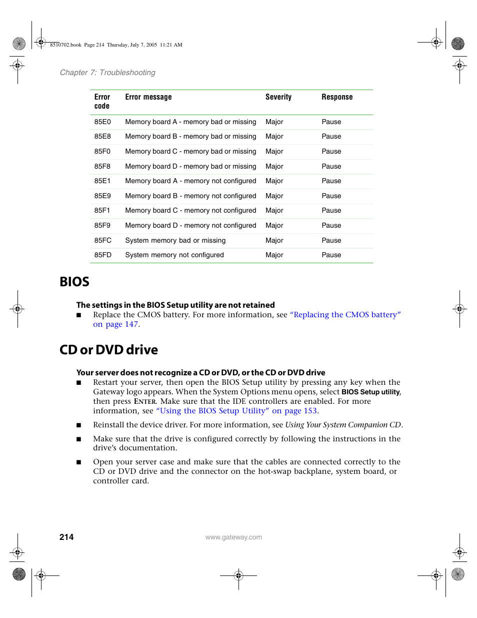 Bios, Cd or dvd drive, Bios cd or dvd drive | Gateway 9715 User Manual | Page 219 / 278