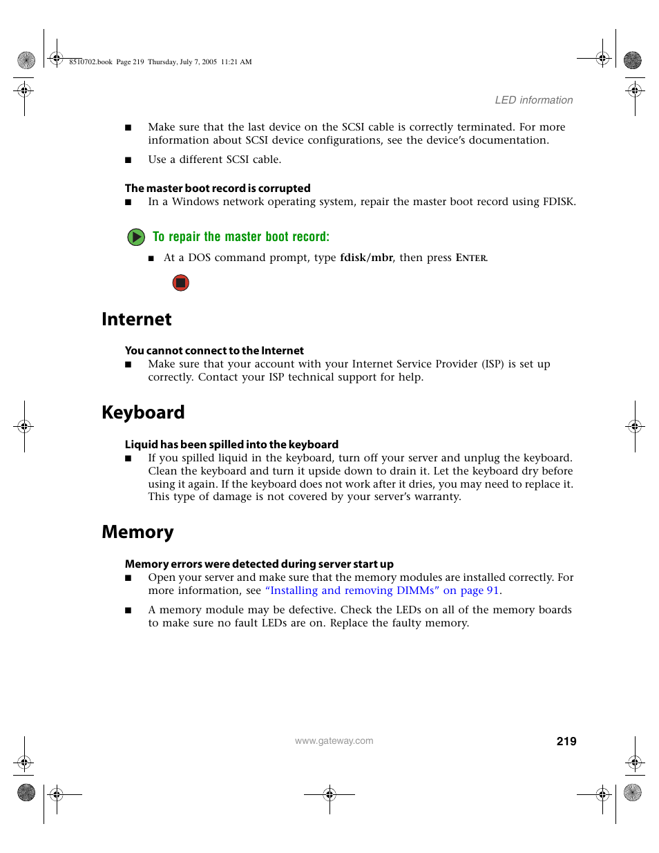 Internet, Keyboard, Memory | Internet keyboard memory | Gateway 9715 User Manual | Page 224 / 278