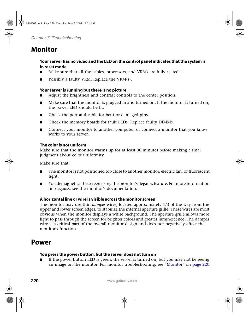 Monitor, Power, Monitor power | Gateway 9715 User Manual | Page 225 / 278