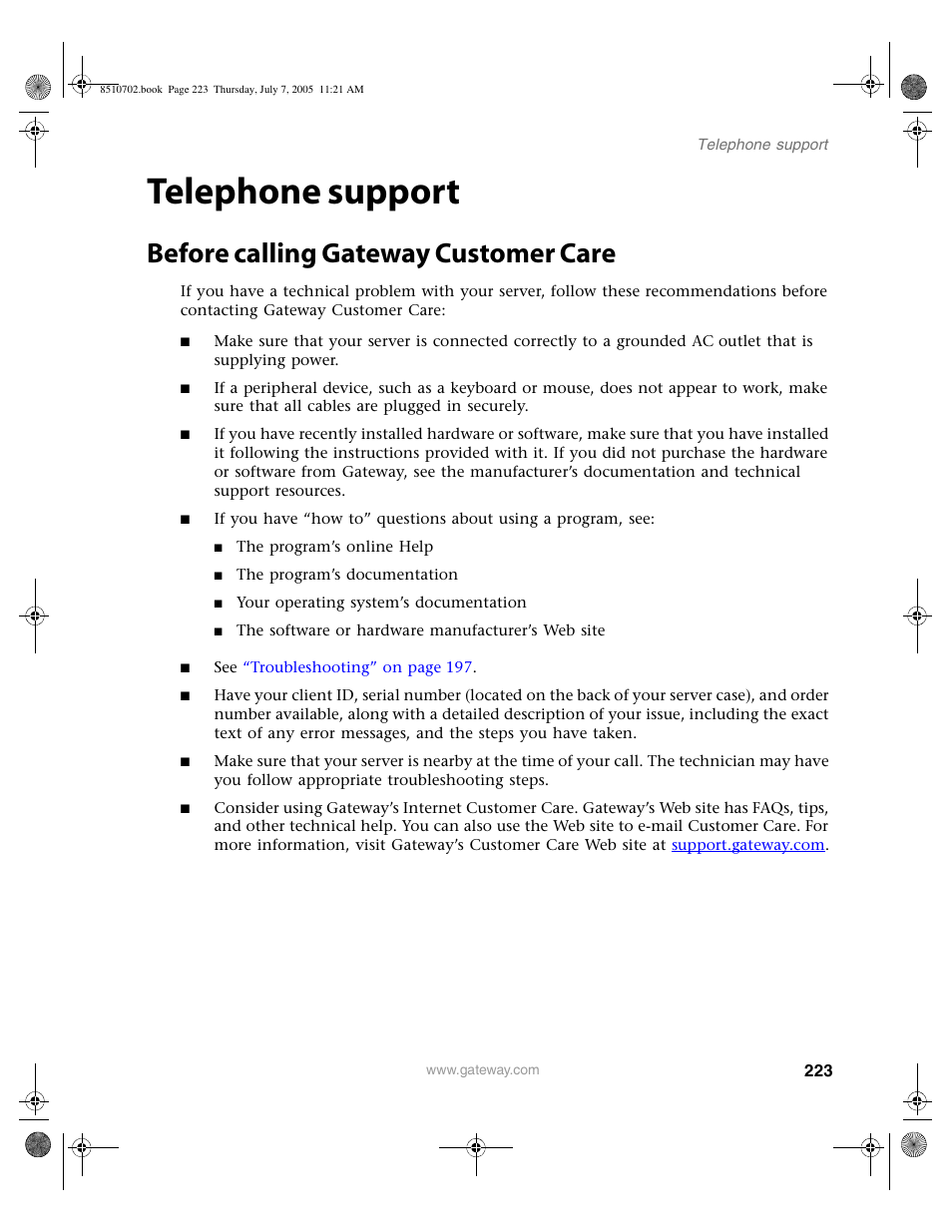 Telephone support, Before calling gateway customer care | Gateway 9715 User Manual | Page 228 / 278