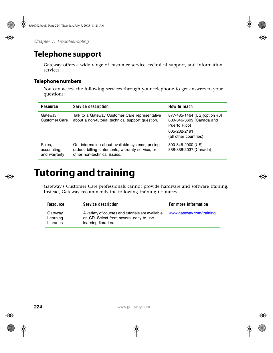 Telephone support, Telephone numbers, Tutoring and training | Gateway 9715 User Manual | Page 229 / 278