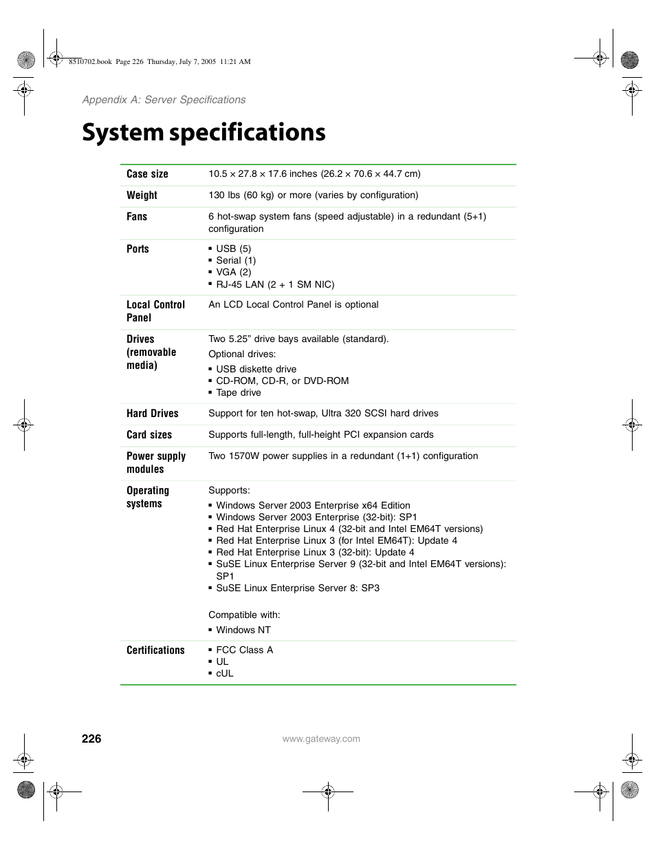 System specifications | Gateway 9715 User Manual | Page 231 / 278