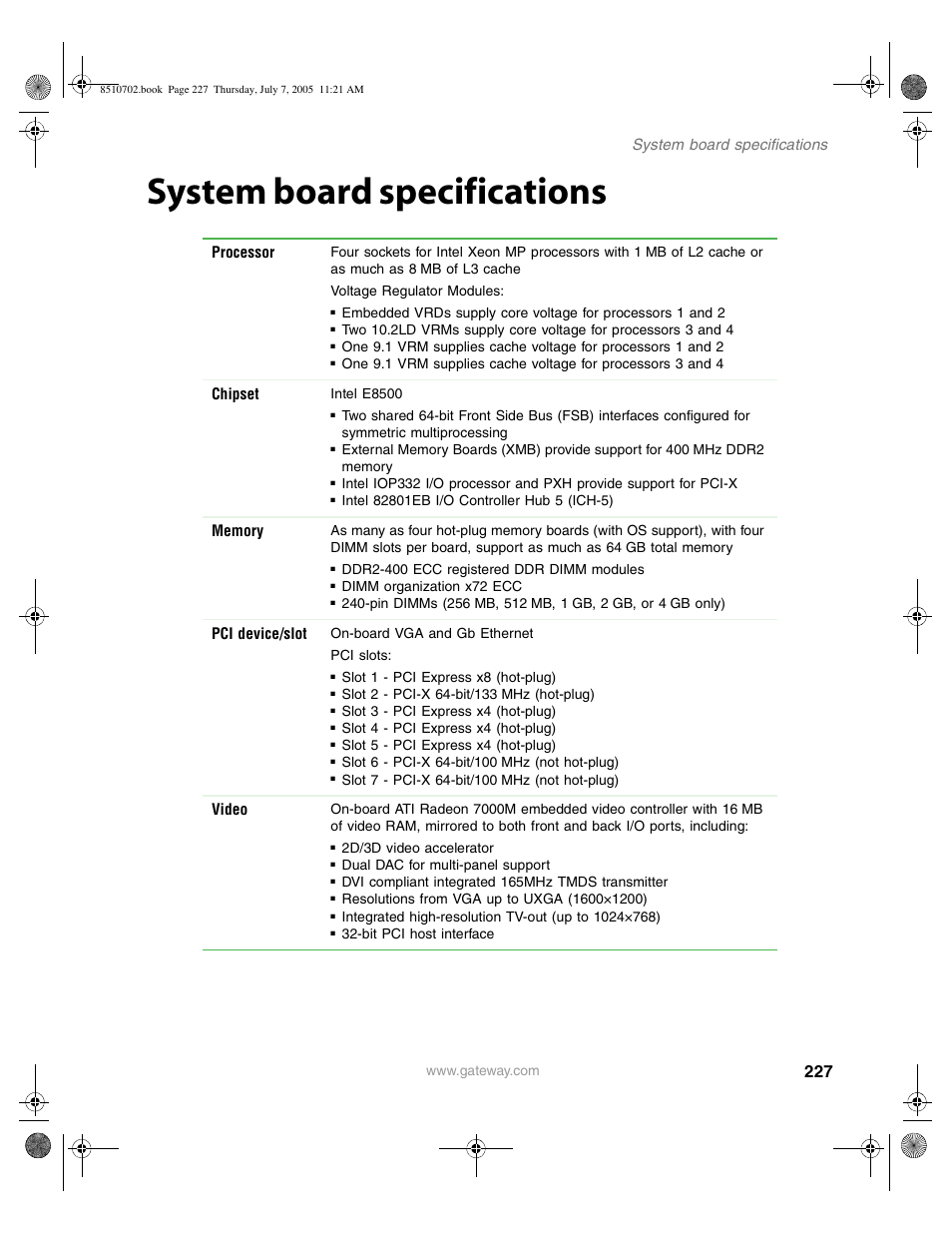 System board specifications, Processor, Chipset | Pci device/slot, Video | Gateway 9715 User Manual | Page 232 / 278