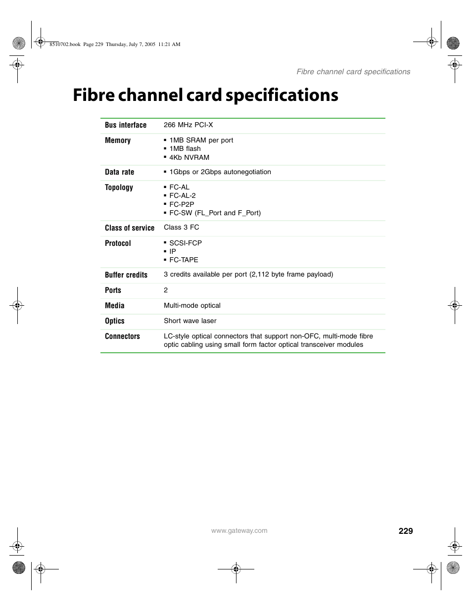 Fibre channel card specifications | Gateway 9715 User Manual | Page 234 / 278