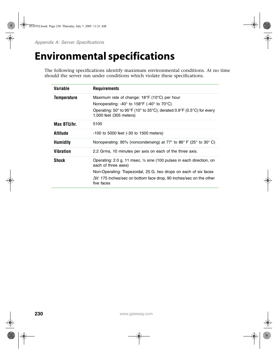 Environmental specifications | Gateway 9715 User Manual | Page 235 / 278