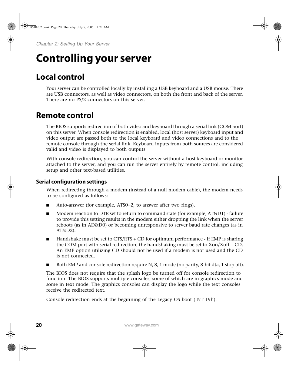 Controlling your server, Local control, Remote control | Serial configuration settings, Local control remote control | Gateway 9715 User Manual | Page 25 / 278