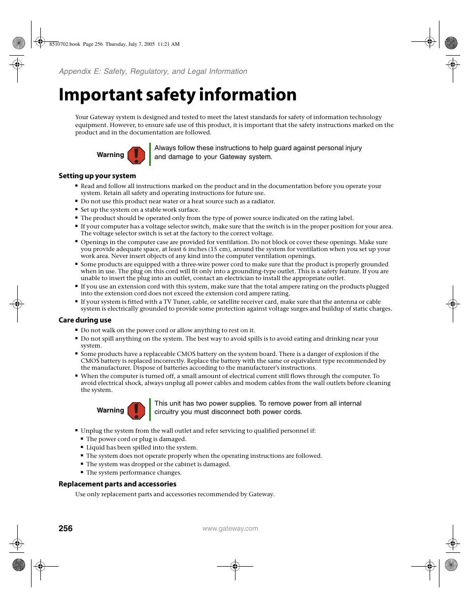 Important safety information, Setting up your system, Care during use | Replacement parts and accessories | Gateway 9715 User Manual | Page 261 / 278