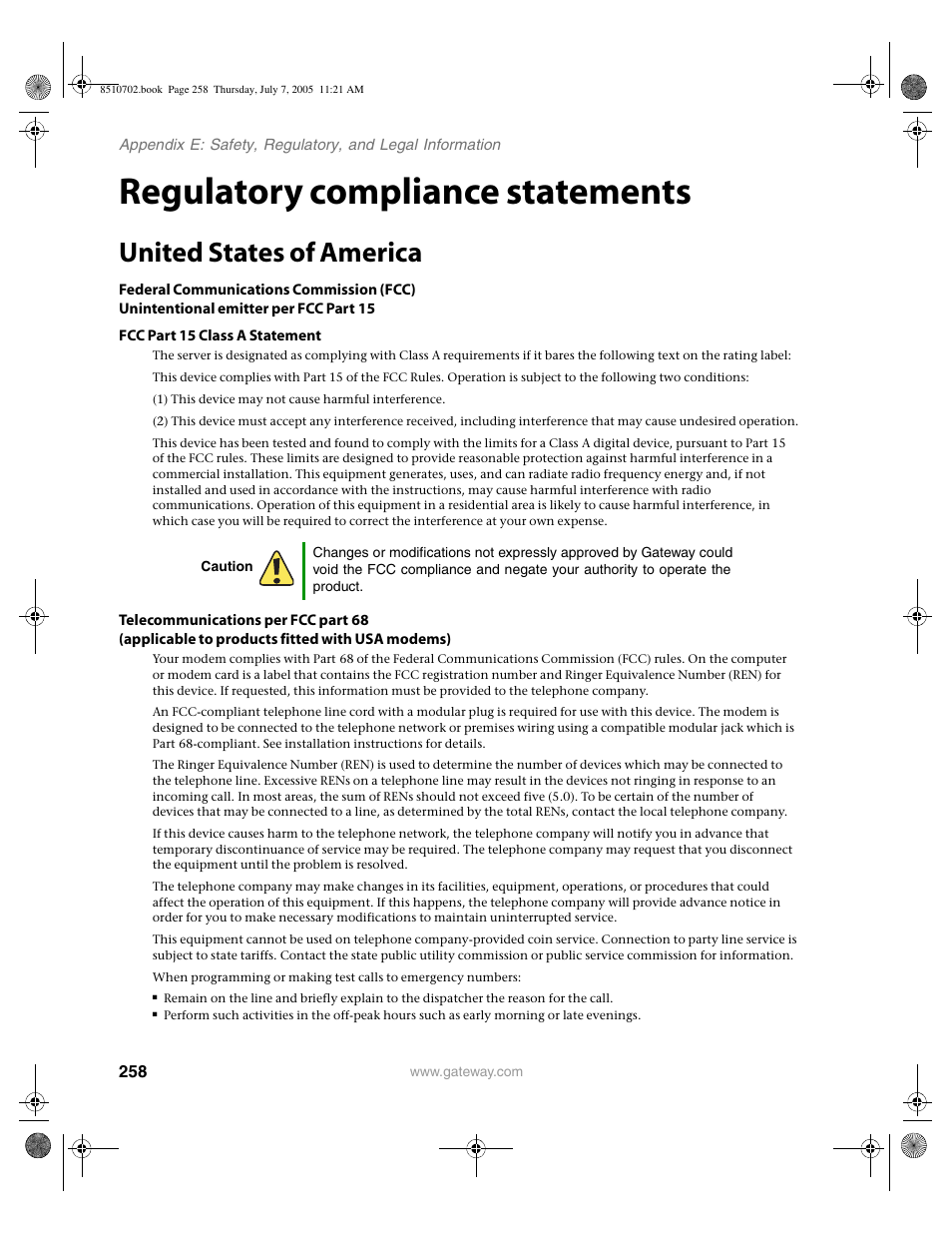 Regulatory compliance statements, United states of america | Gateway 9715 User Manual | Page 263 / 278