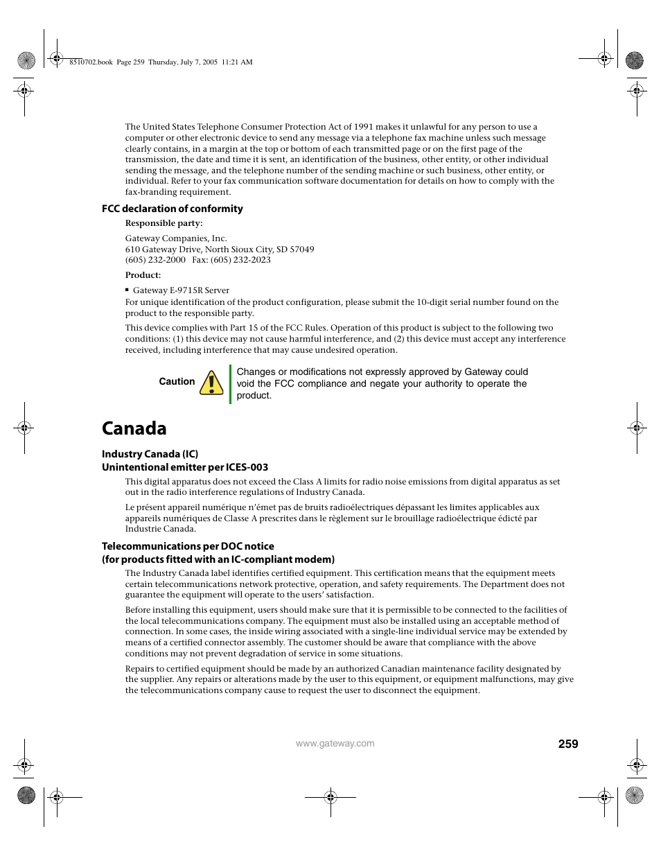 Canada | Gateway 9715 User Manual | Page 264 / 278