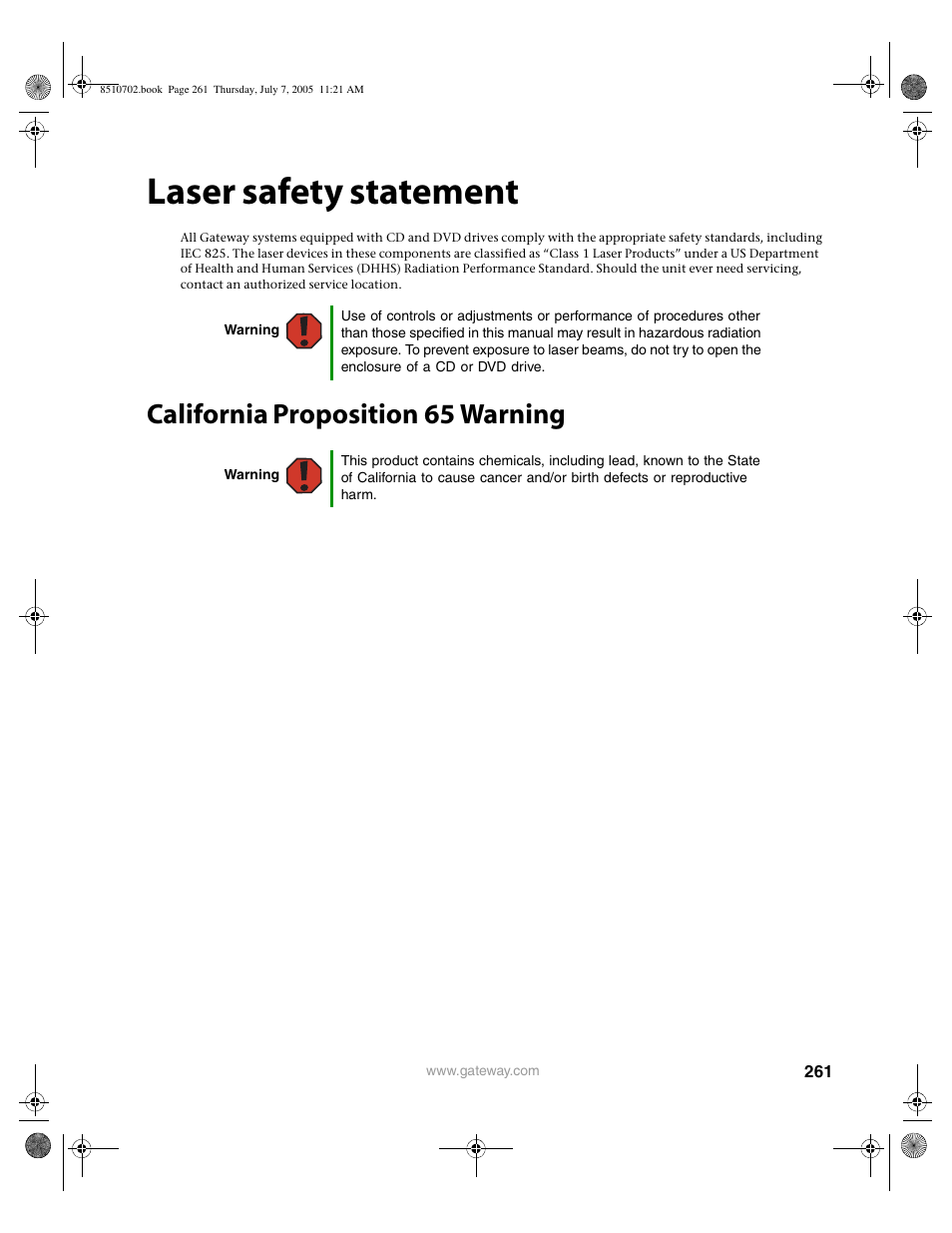 Laser safety statement, California proposition 65 warning | Gateway 9715 User Manual | Page 266 / 278