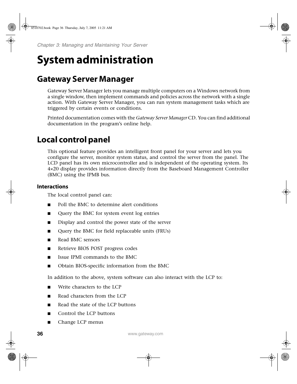 System administration, Gateway server manager, Local control panel | Interactions, Gateway server manager local control panel | Gateway 9715 User Manual | Page 41 / 278