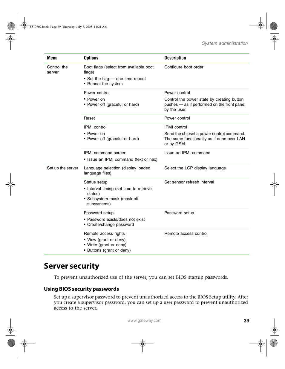 Server security, Using bios security passwords | Gateway 9715 User Manual | Page 44 / 278