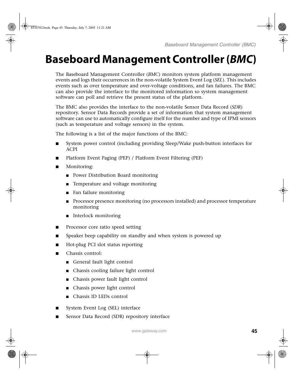 Baseboard management controller (bmc), Baseboard management controller, Baseboard management controller ( bmc ) | Gateway 9715 User Manual | Page 50 / 278