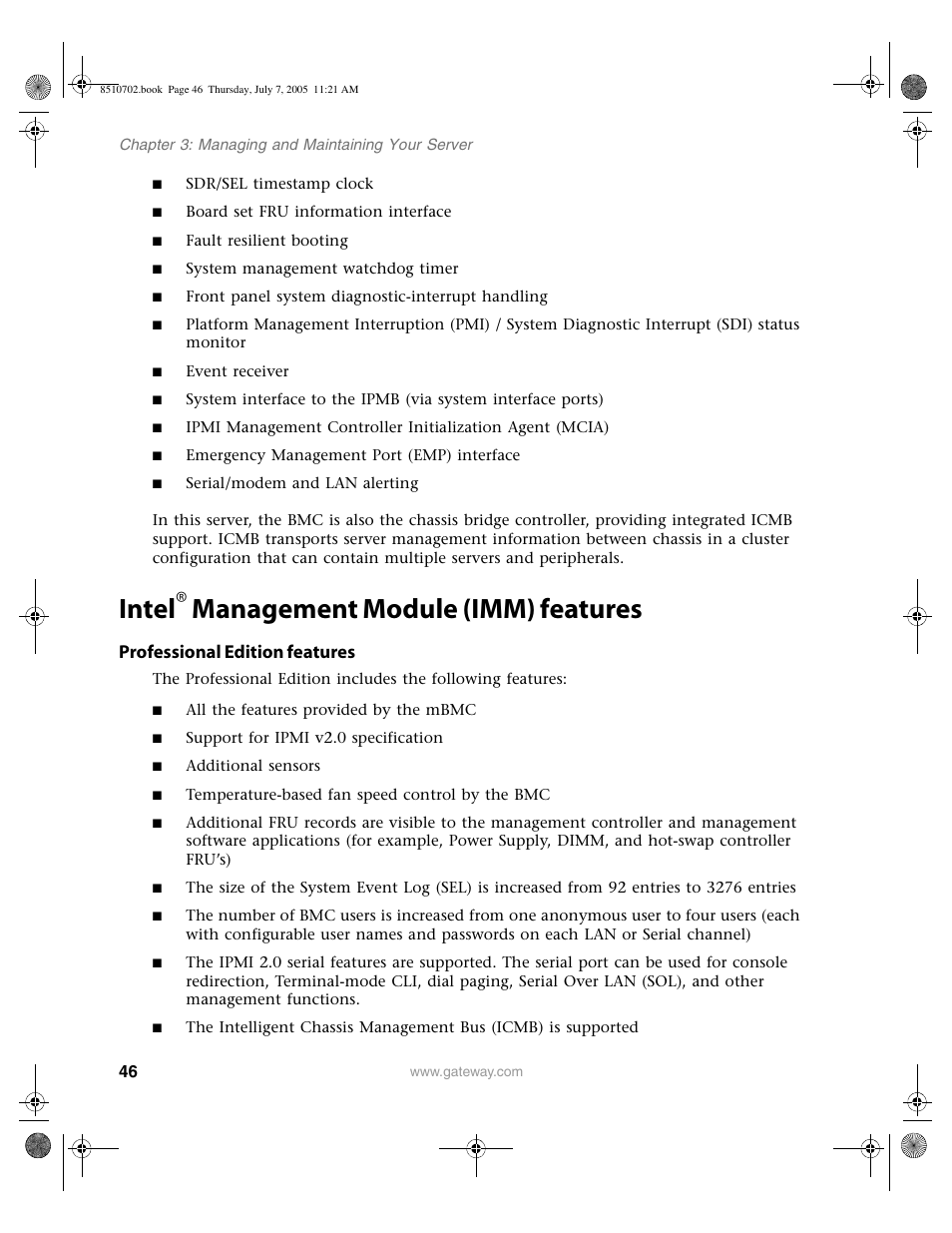 Intel® management module (imm) features, Professional edition features, Intel | Management module (imm) features | Gateway 9715 User Manual | Page 51 / 278