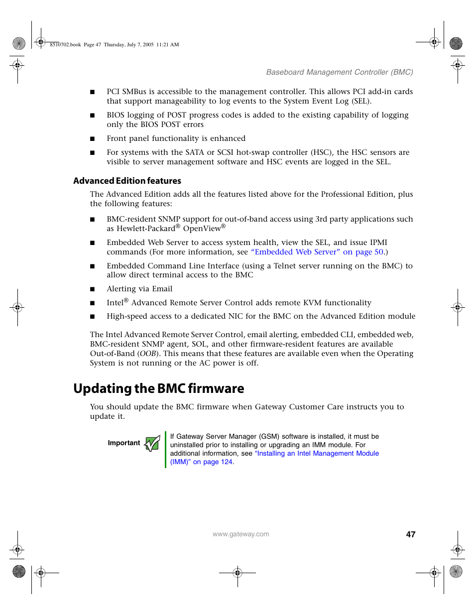 Advanced edition features, Updating the bmc firmware | Gateway 9715 User Manual | Page 52 / 278