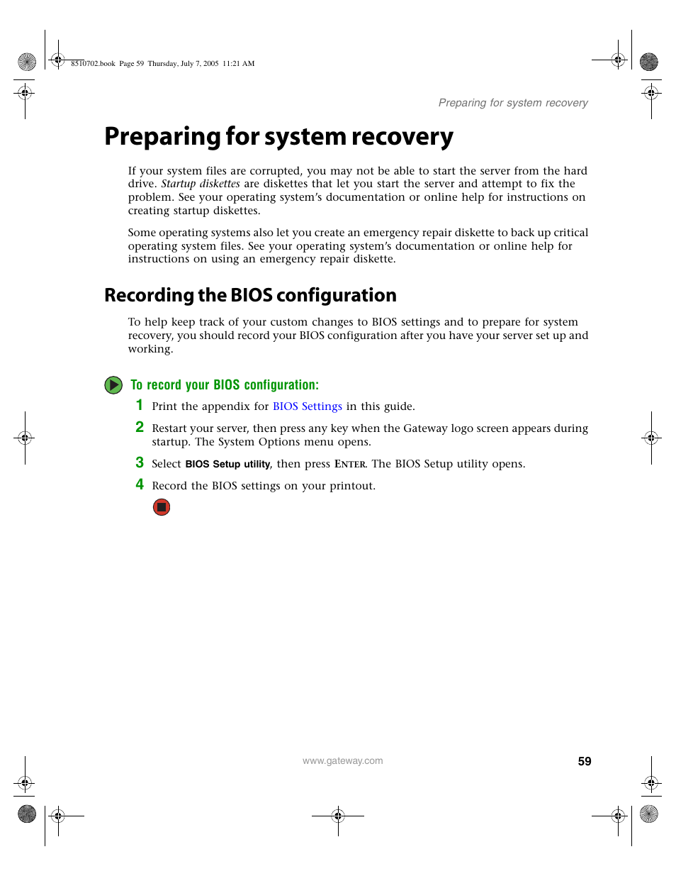 Preparing for system recovery, Recording the bios configuration | Gateway 9715 User Manual | Page 64 / 278