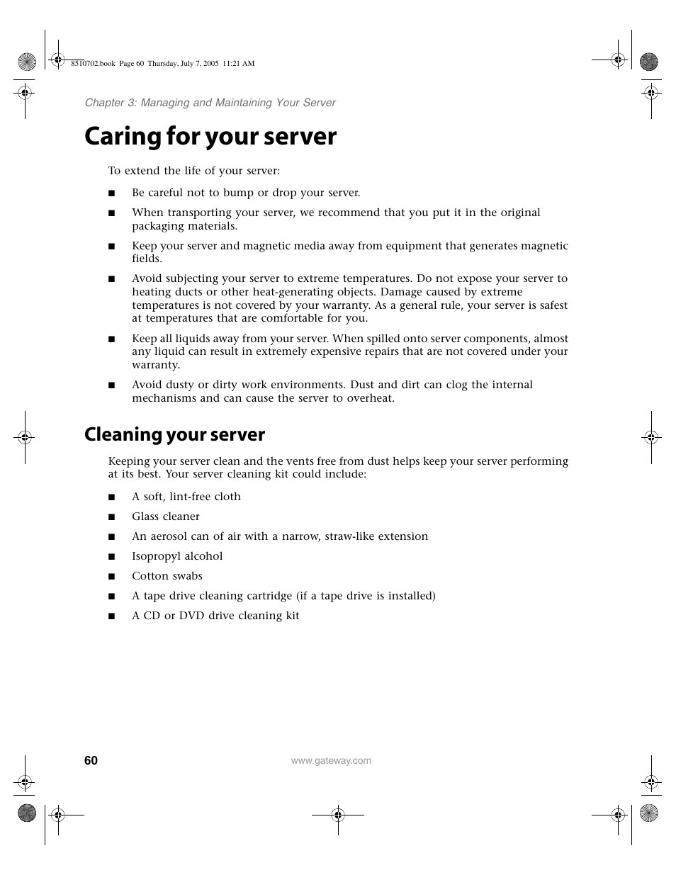 Caring for your server, Cleaning your server | Gateway 9715 User Manual | Page 65 / 278