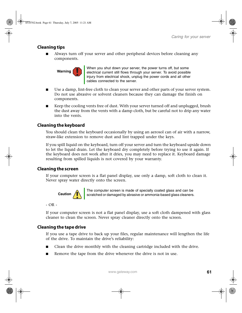 Cleaning tips, Cleaning the keyboard, Cleaning the screen | Cleaning the tape drive | Gateway 9715 User Manual | Page 66 / 278