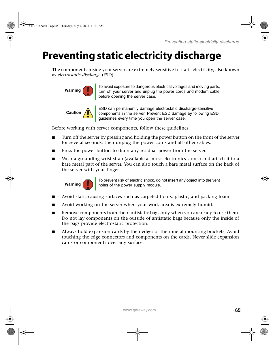 Preventing static electricity discharge | Gateway 9715 User Manual | Page 70 / 278
