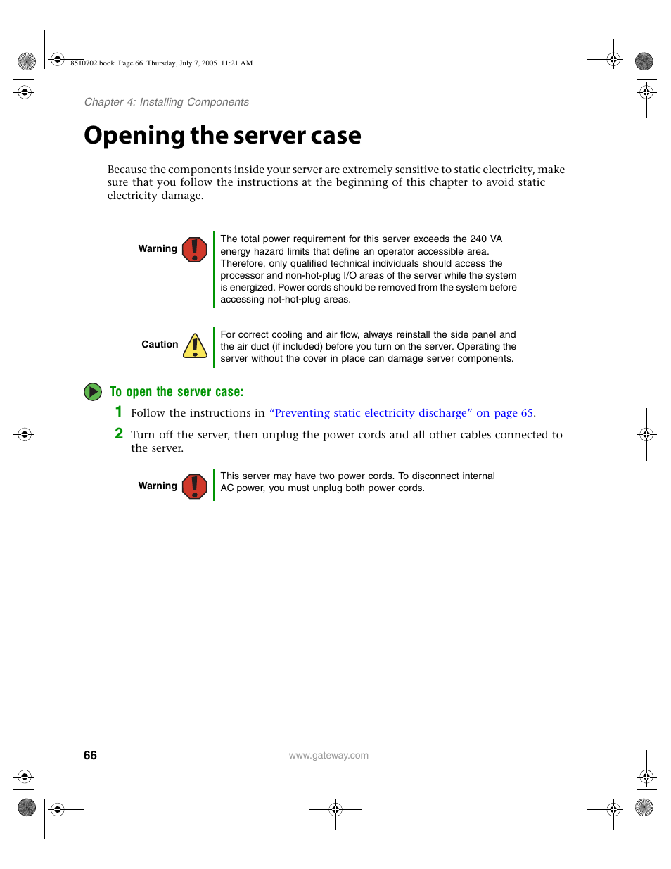 Opening the server case | Gateway 9715 User Manual | Page 71 / 278