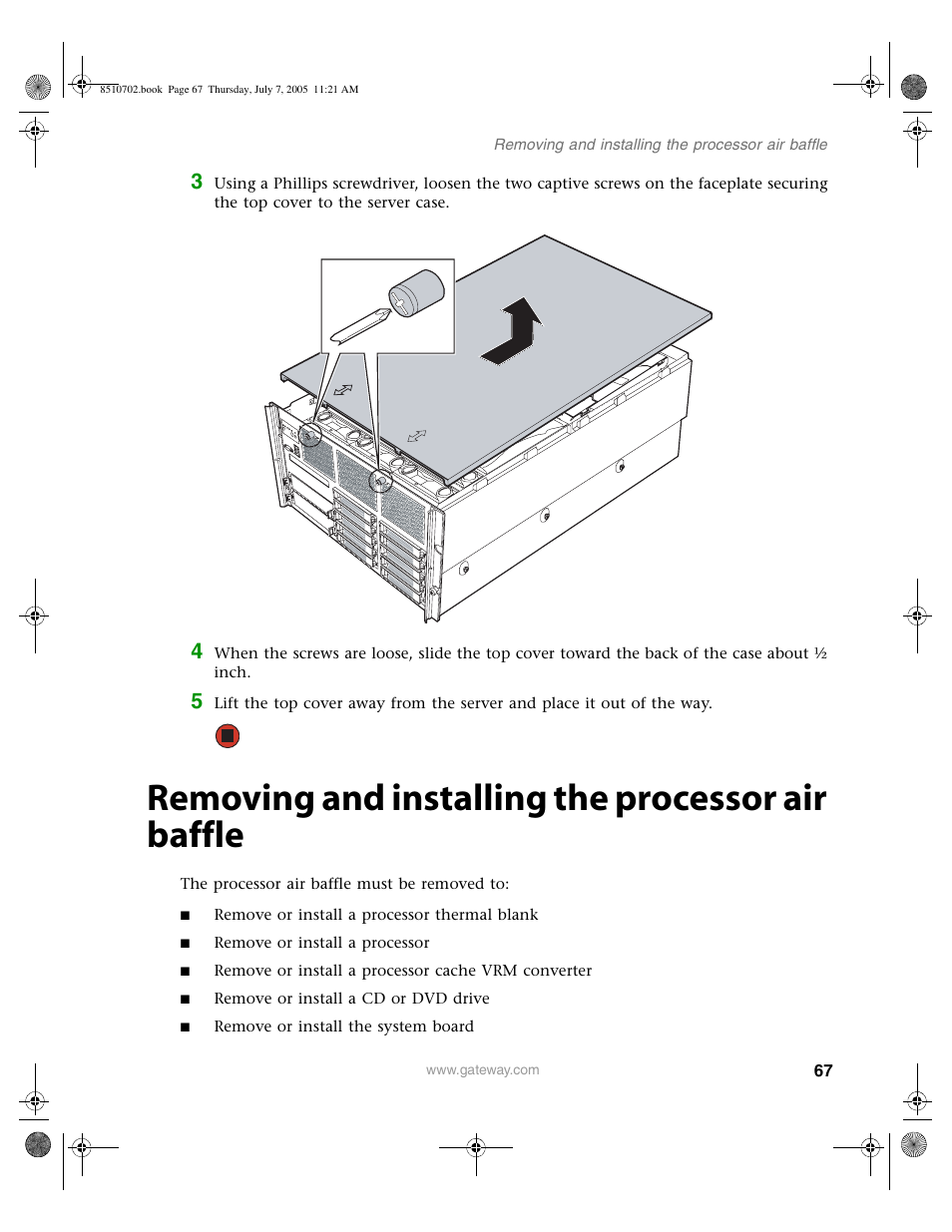 Removing and installing the processor air baffle, Removing and | Gateway 9715 User Manual | Page 72 / 278