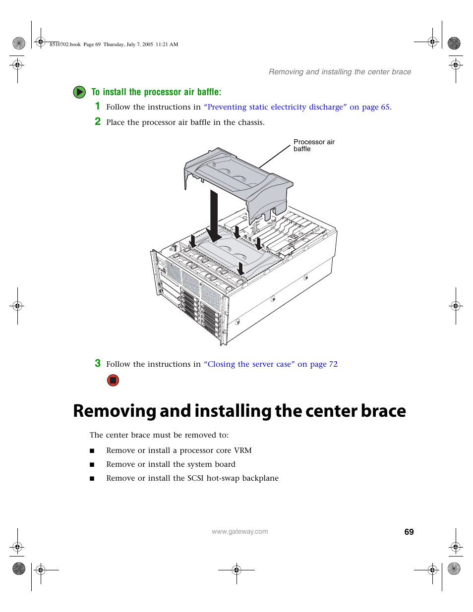 Removing and installing the center brace | Gateway 9715 User Manual | Page 74 / 278