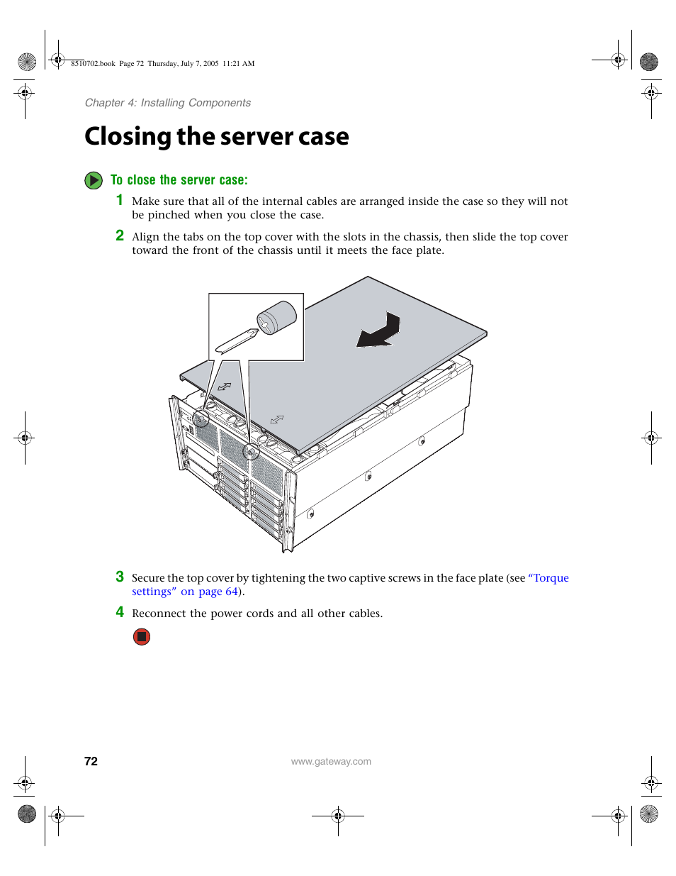 Closing the server case | Gateway 9715 User Manual | Page 77 / 278