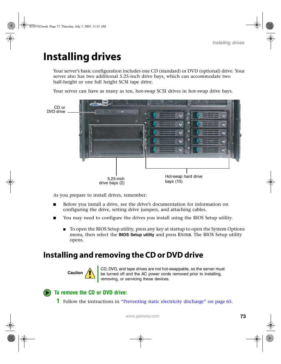 Installing drives, Installing and removing the cd or dvd drive | Gateway 9715 User Manual | Page 78 / 278