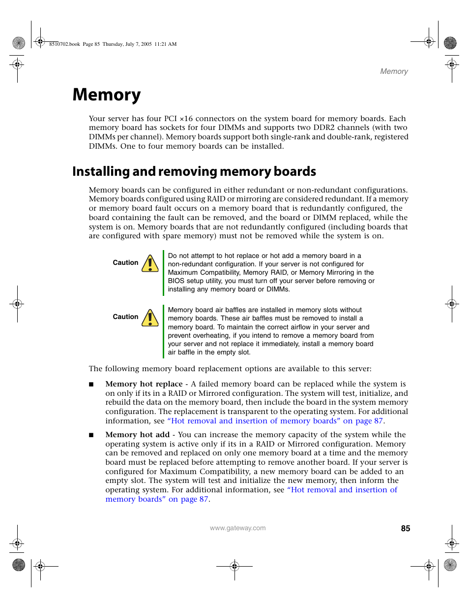 Memory, Installing and removing memory boards | Gateway 9715 User Manual | Page 90 / 278