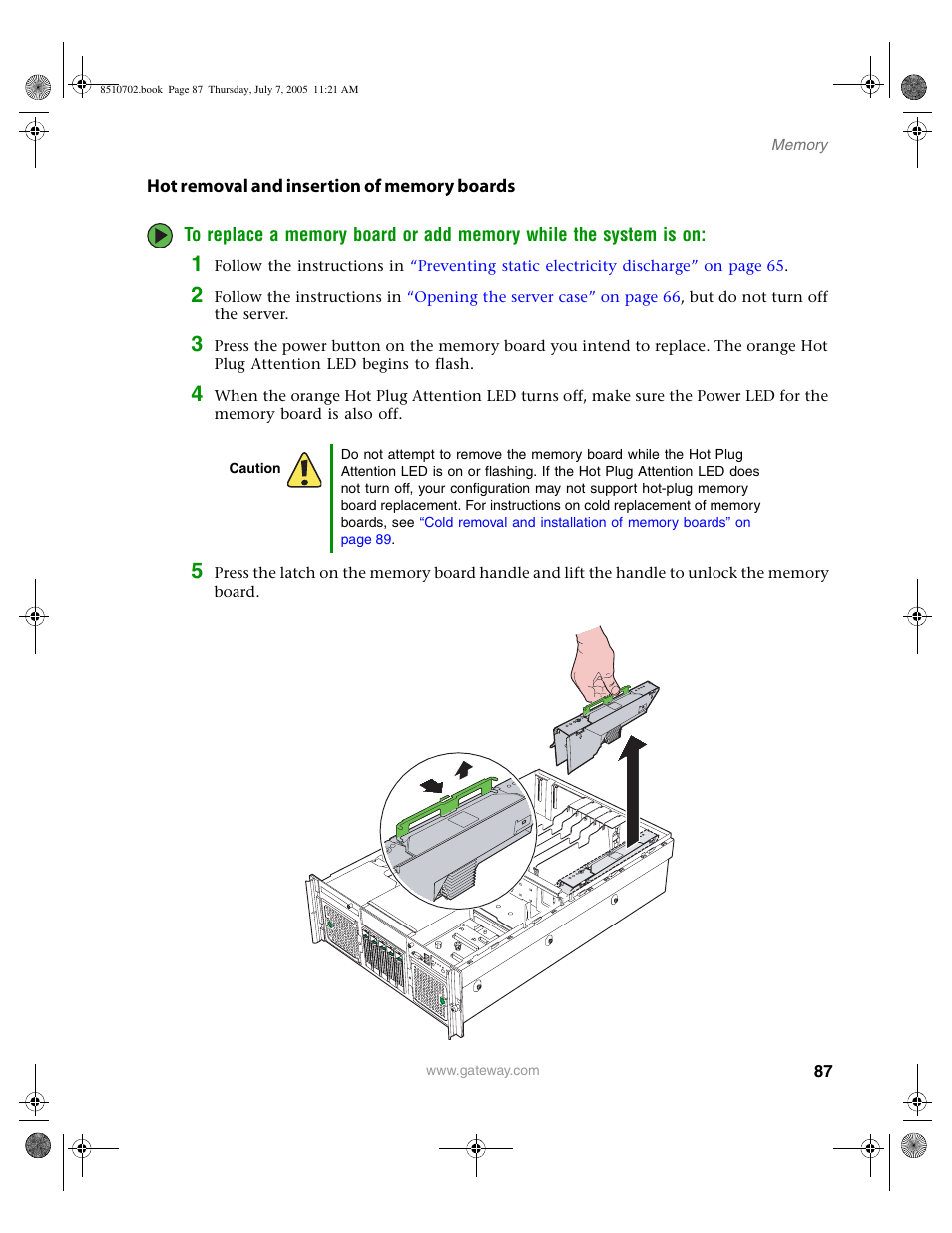 Hot removal and insertion of memory boards, Hot removal and insertion of | Gateway 9715 User Manual | Page 92 / 278