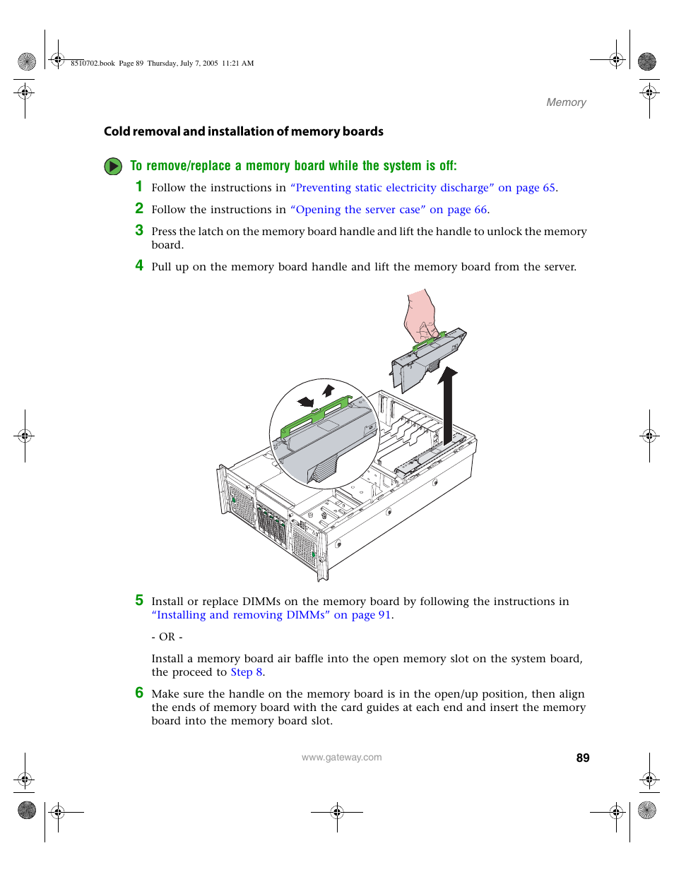 Cold removal and installation of memory boards, Cold removal and installation of memory, Cold removal and installation of memory boards” on | Gateway 9715 User Manual | Page 94 / 278