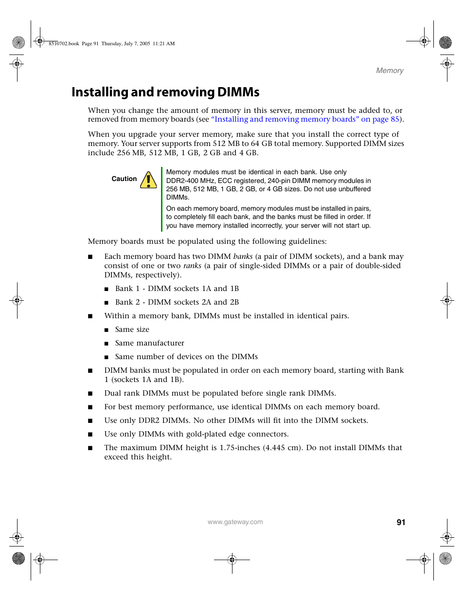 Installing and removing dimms, Installing | Gateway 9715 User Manual | Page 96 / 278