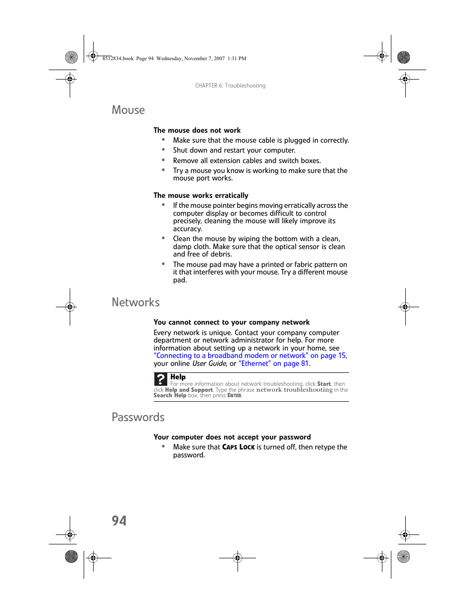 Mouse, The mouse does not work, The mouse works erratically | Networks, You cannot connect to your company network, Passwords, Your computer does not accept your password, Mouse networks | Gateway FX User Manual | Page 100 / 140