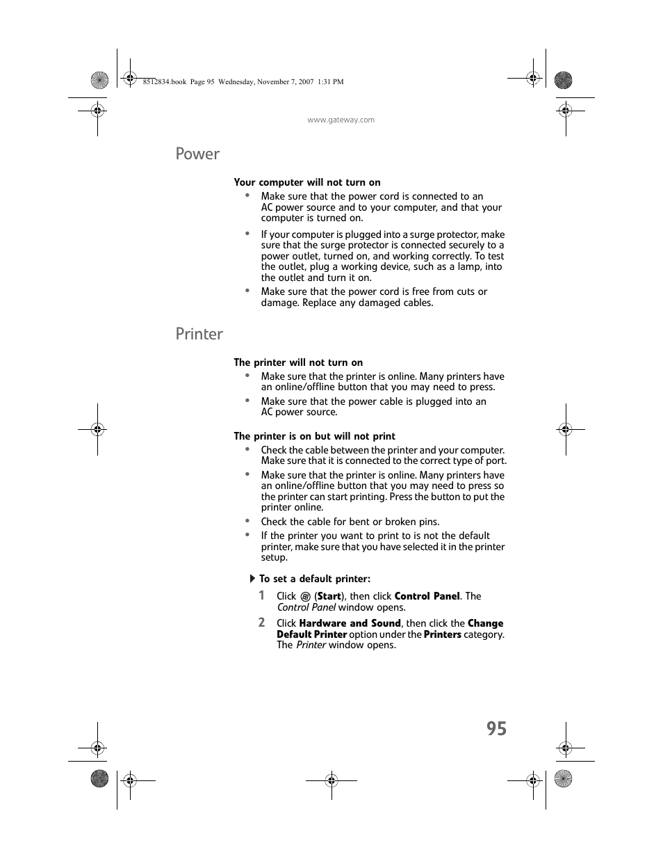 Power, Your computer will not turn on, Printer | The printer will not turn on, The printer is on but will not print, To set a default printer, Power printer | Gateway FX User Manual | Page 101 / 140