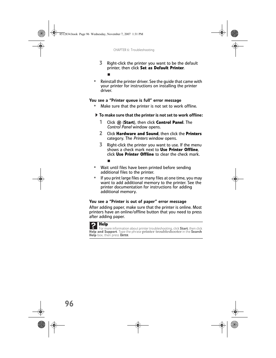 You see a “printer queue is full” error message, You see a “printer is out of paper” error message | Gateway FX User Manual | Page 102 / 140