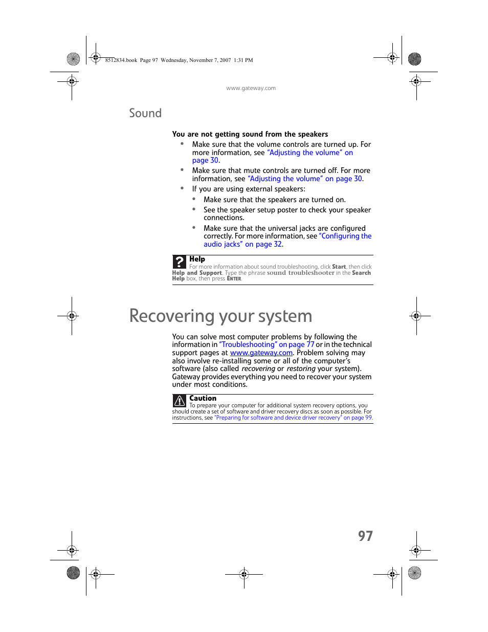 Sound, You are not getting sound from the speakers, Recovering your system | Recovering your system” on | Gateway FX User Manual | Page 103 / 140