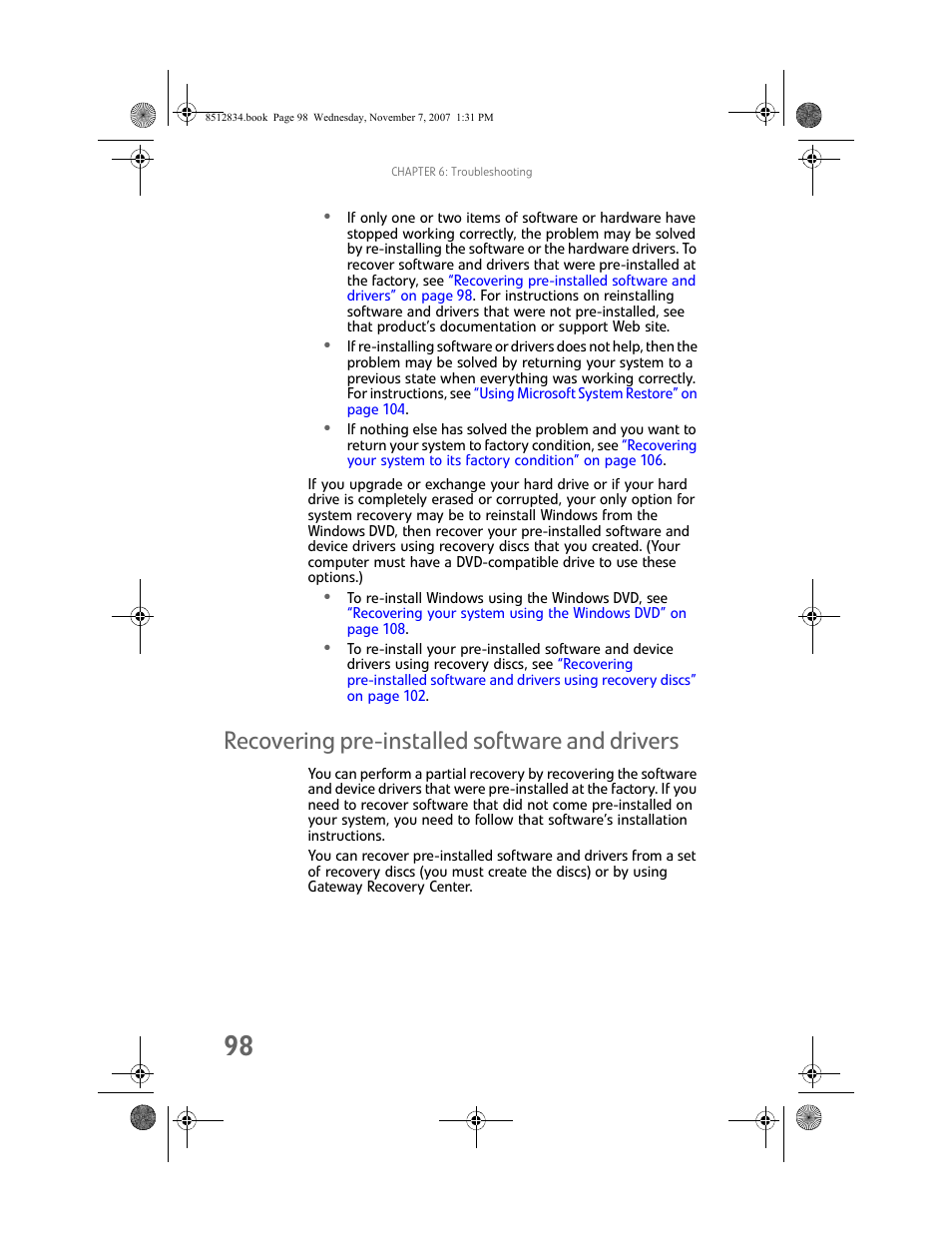 Recovering pre-installed software and drivers | Gateway FX User Manual | Page 104 / 140