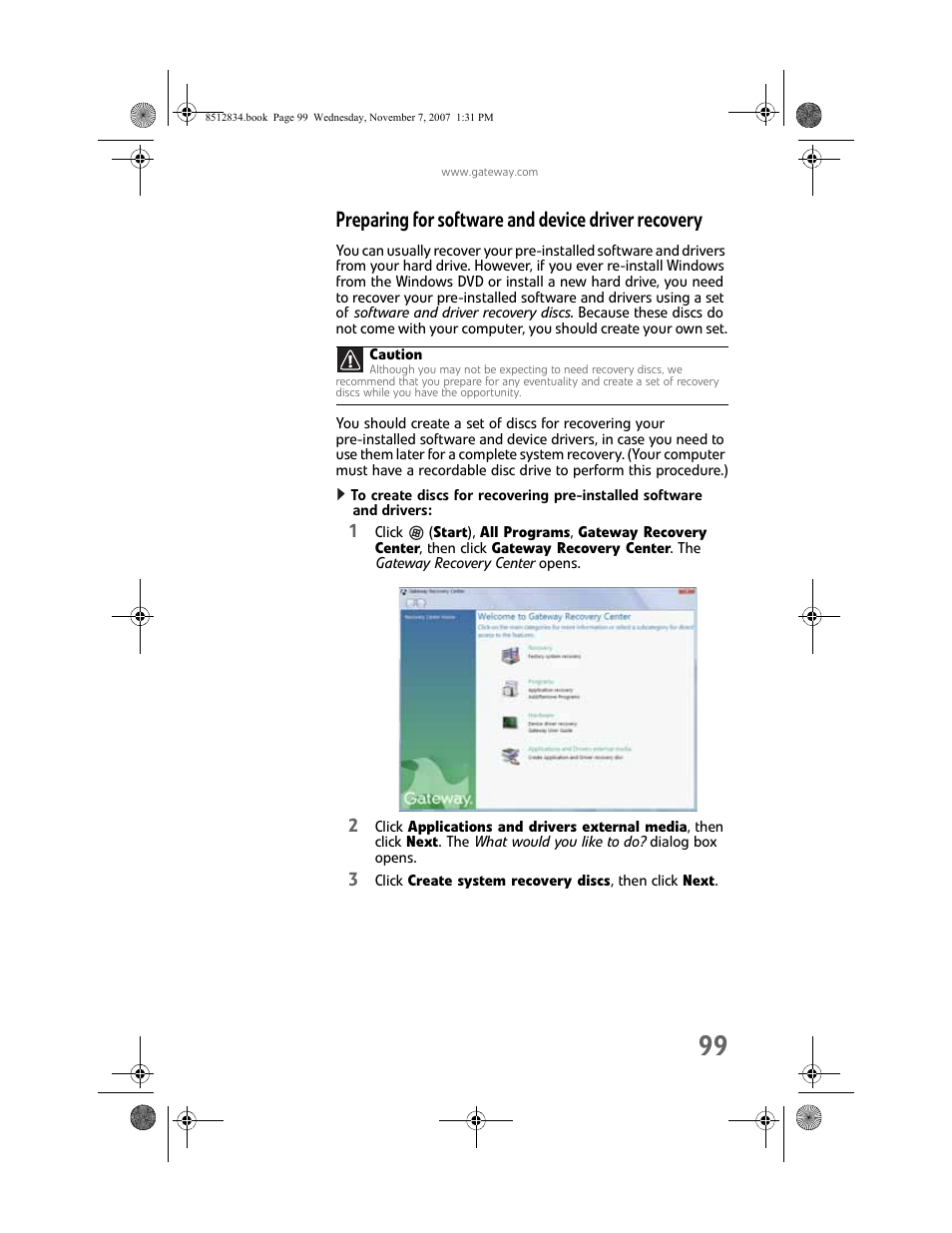 Preparing for software and device driver recovery | Gateway FX User Manual | Page 105 / 140
