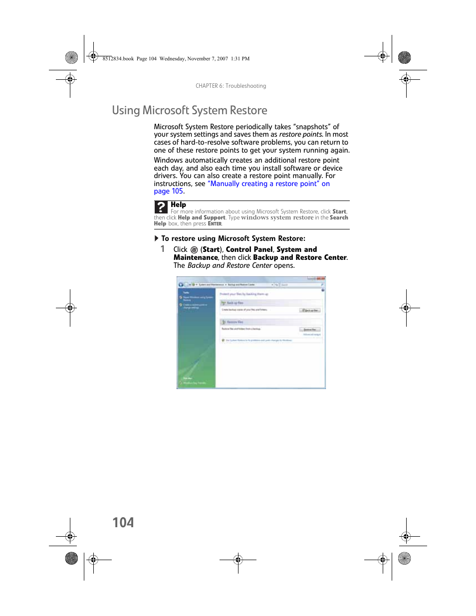 Using microsoft system restore, To restore using microsoft system restore, Using microsoft system restore” on | Gateway FX User Manual | Page 110 / 140
