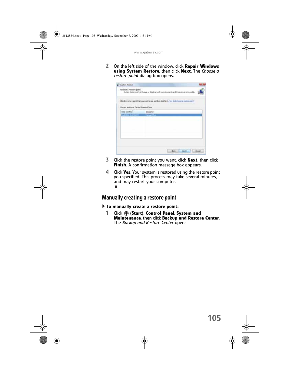 Manually creating a restore point, To manually create a restore point | Gateway FX User Manual | Page 111 / 140