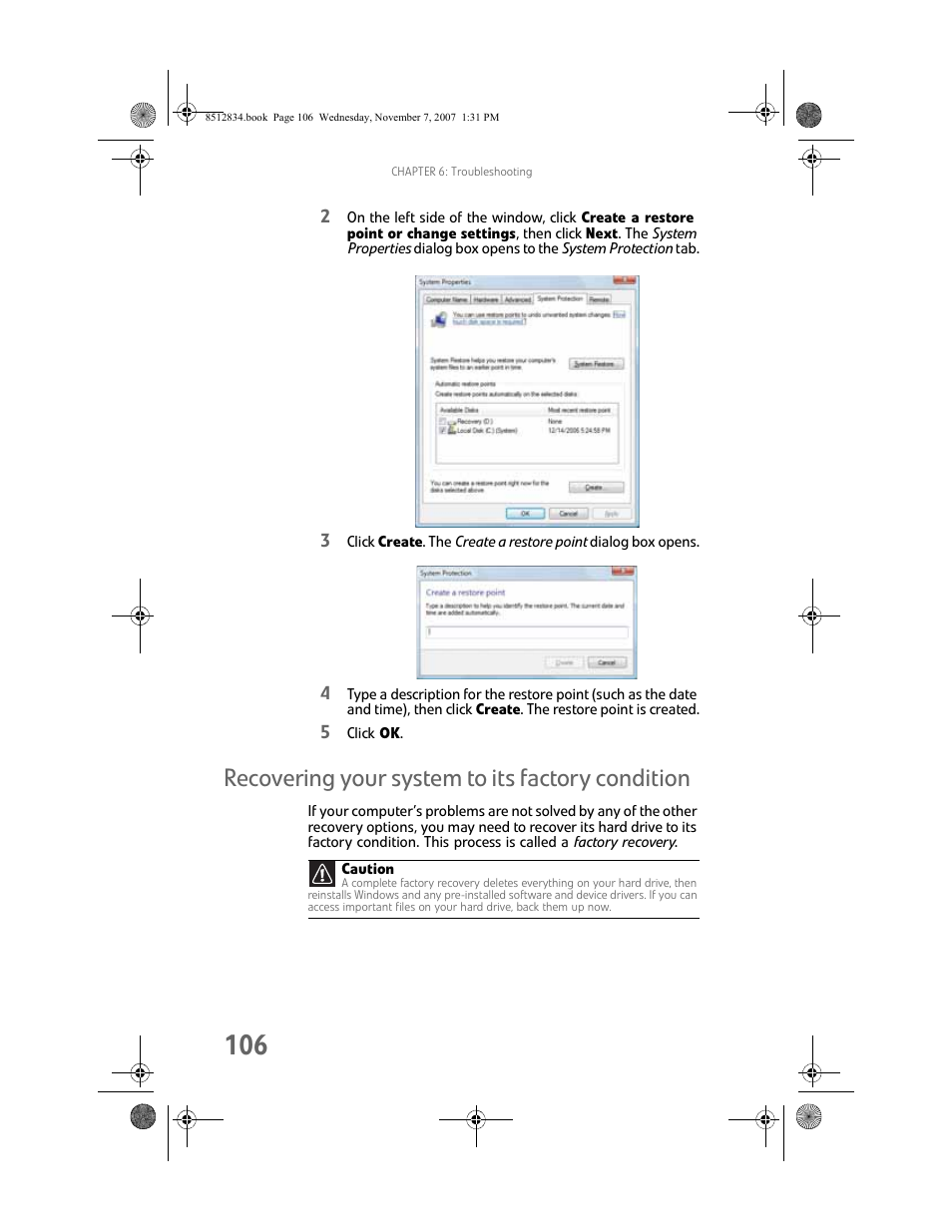 Recovering your system to its factory condition, Recovering | Gateway FX User Manual | Page 112 / 140