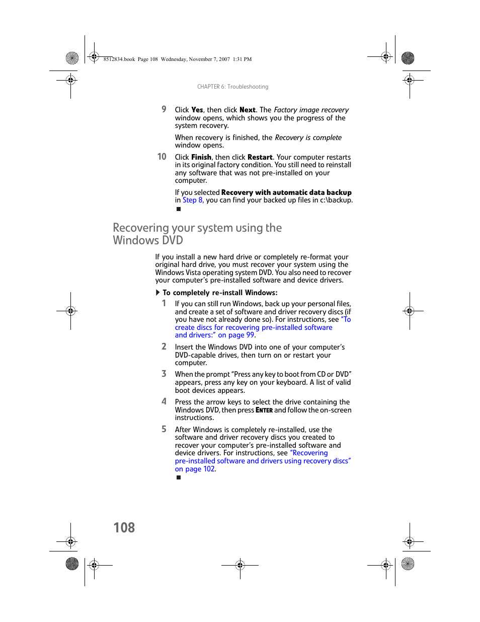 Recovering your system using the windows dvd, To completely re-install windows | Gateway FX User Manual | Page 114 / 140
