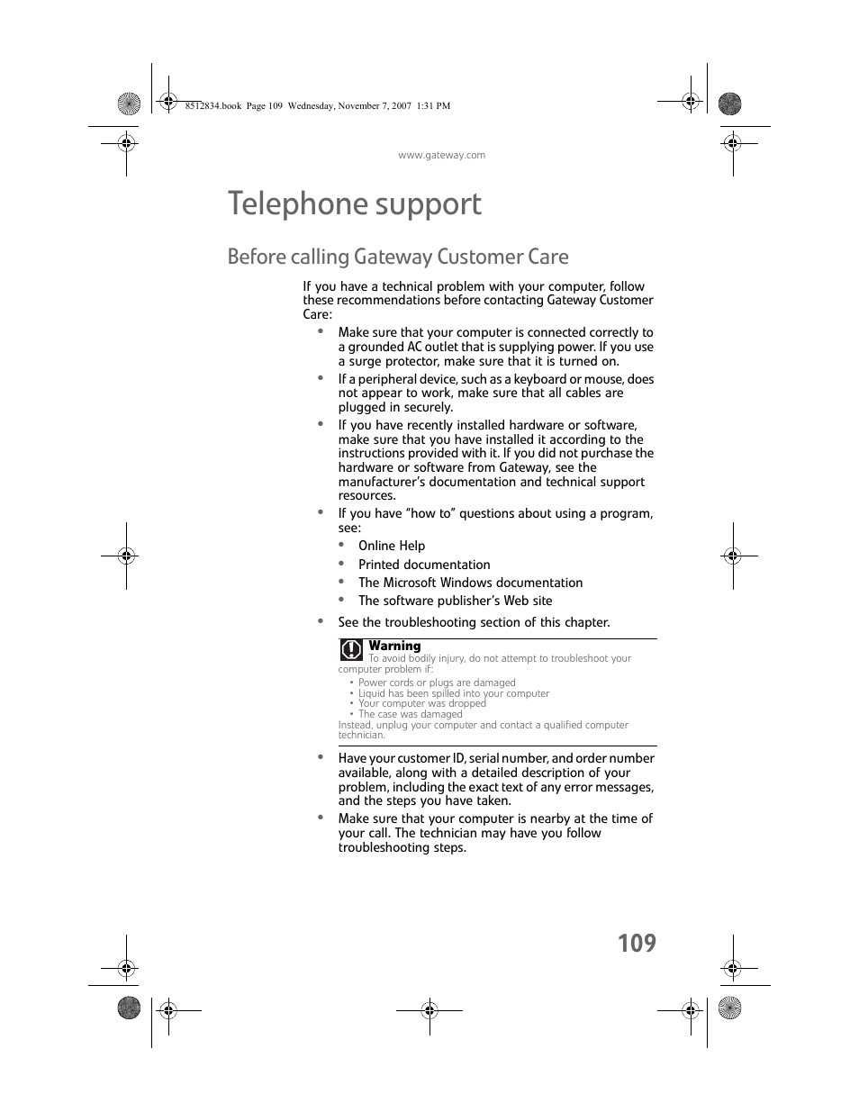 Telephone support, Before calling gateway customer care | Gateway FX User Manual | Page 115 / 140