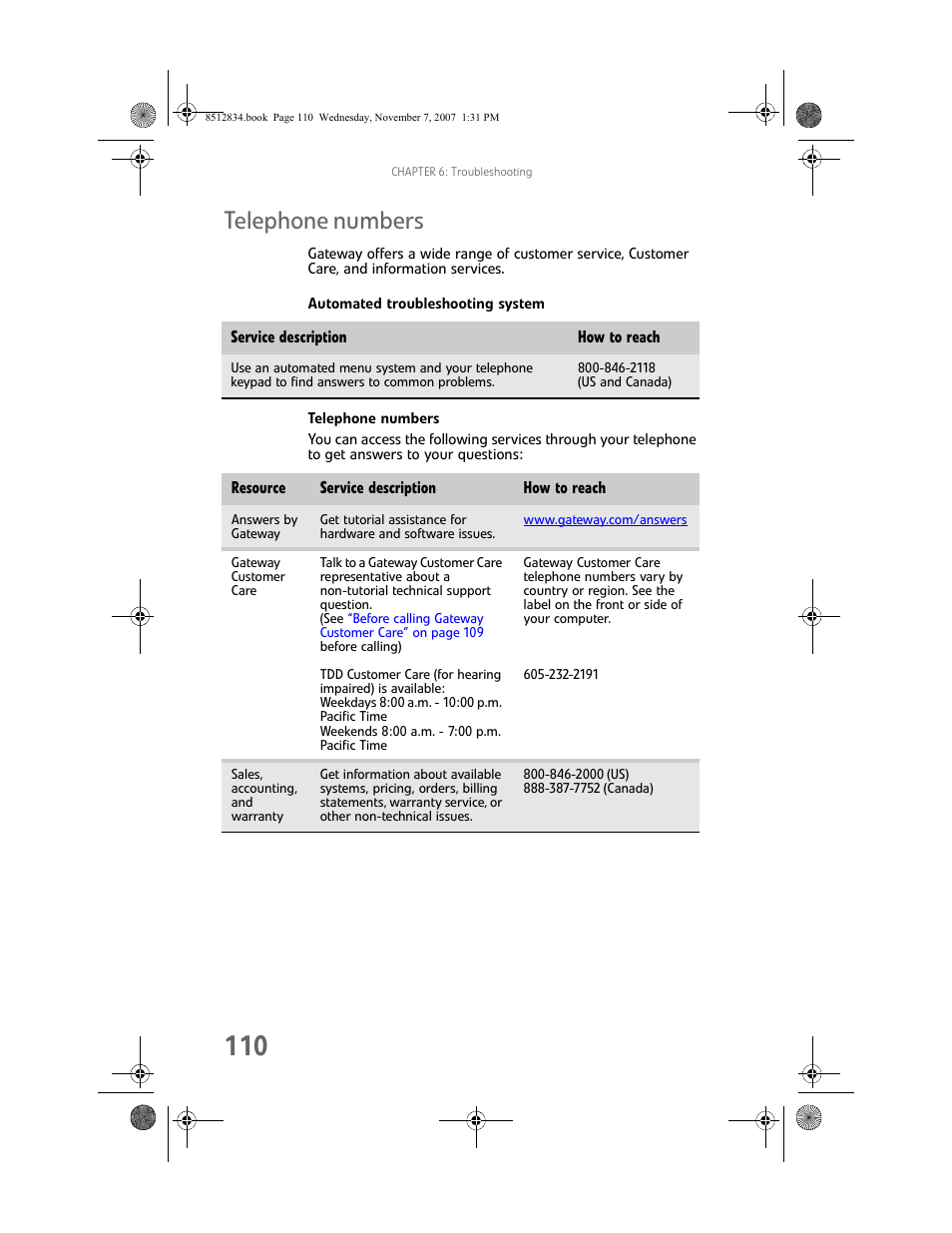 Telephone numbers, Automated troubleshooting system | Gateway FX User Manual | Page 116 / 140