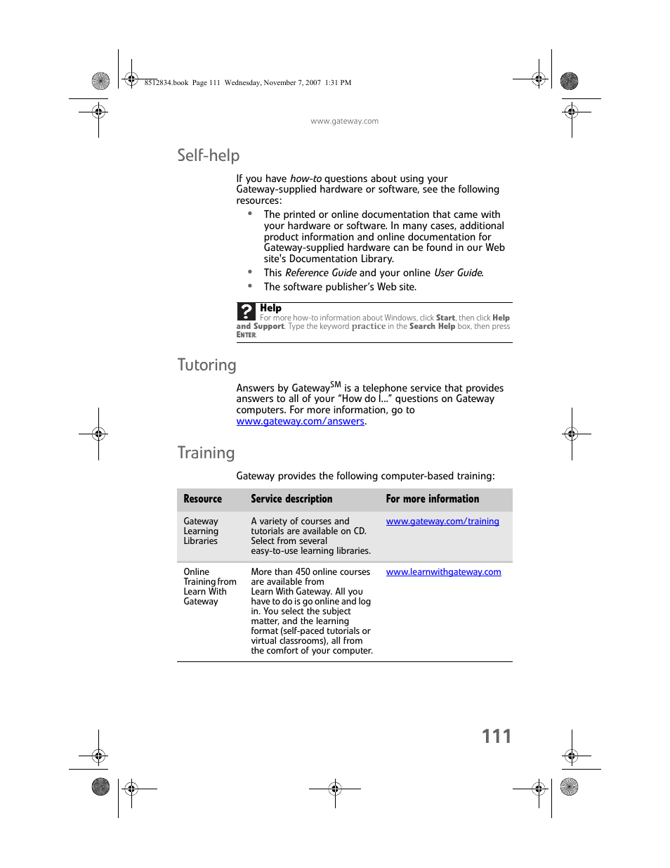Self-help, Tutoring, Training | Self-help tutoring training | Gateway FX User Manual | Page 117 / 140