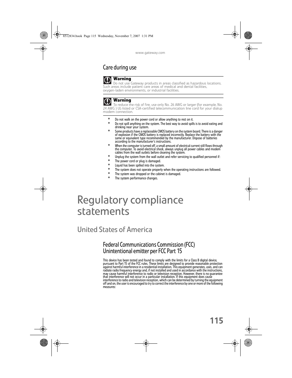 Regulatory compliance statements, United states of america, Care during use | Gateway FX User Manual | Page 121 / 140