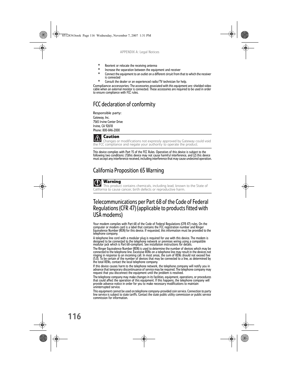Fcc declaration of conformity | Gateway FX User Manual | Page 122 / 140
